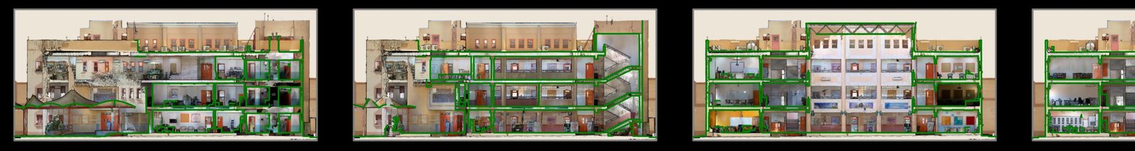 Le regroupement des coupes ouvert dans AutoCAD&nbsp;: les coupes
                     du lycée côte à côte, en texture, chacune avec son trait de
                     coupe en vert.