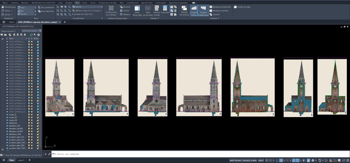 Le regroupement des élévations et des coupes ouvert dans
                      AutoCAD&nbsp;: les sept vues de l'église côte à côte, leurs
                      calques dans le gestionnaire, et la hauteur de chaque plan
                      tracée en magenta sur toutes les vues.