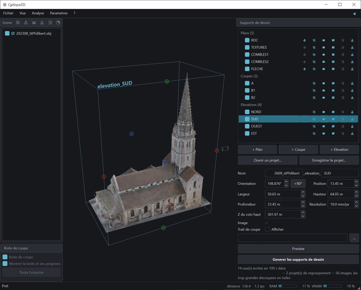 La fenêtre de Cyclope3D sur l'église Saint-Philibert&nbsp;: le
                      modèle 3D et le cadre de l'élévation sud, les vues du chantier
                      dans le panneau des supports de dessin, et le compte rendu de
                      la génération à 10&nbsp;mm/pixel.