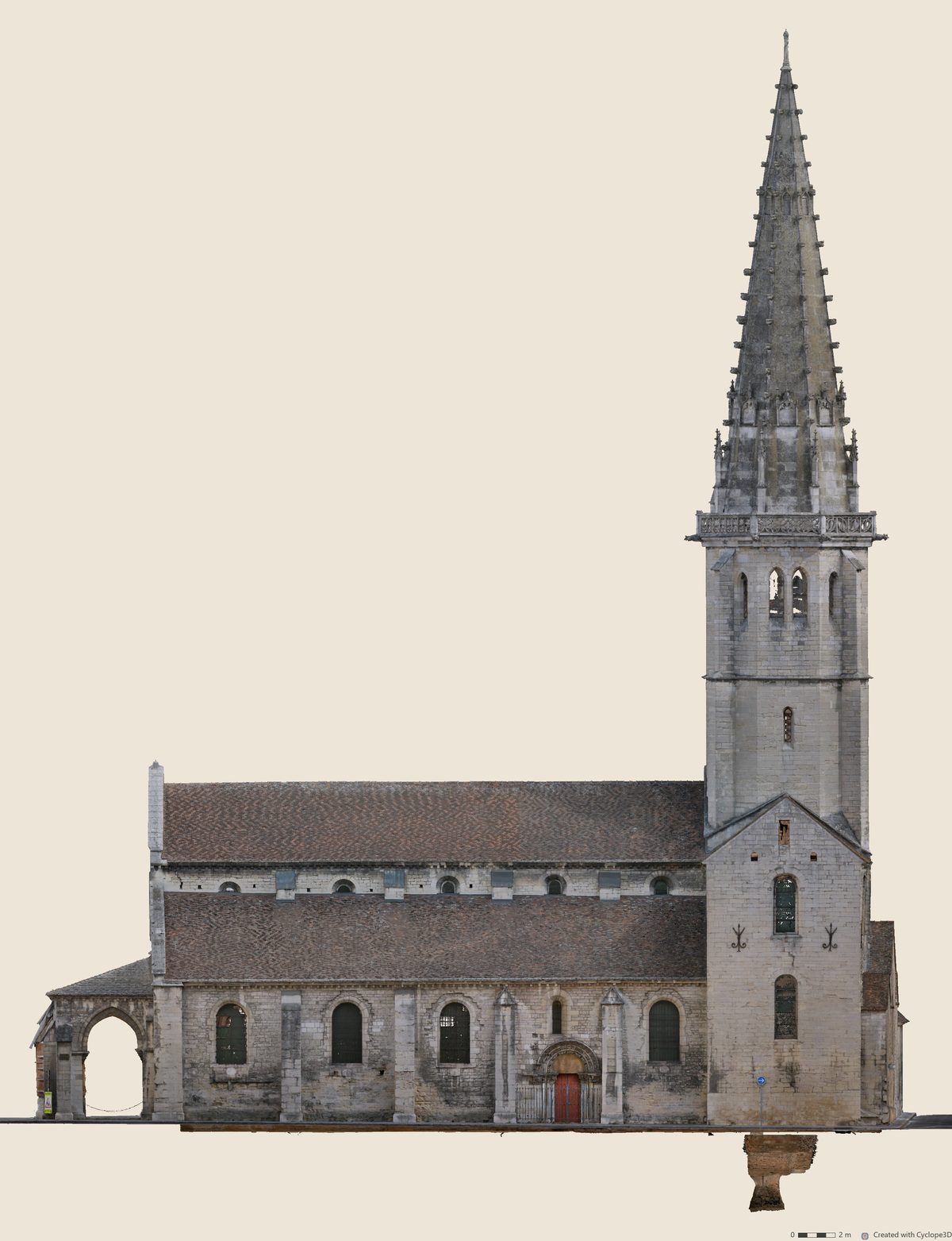 Élévation sud de l'église Saint-Philibert, ortho-image de texture sur fond crème.