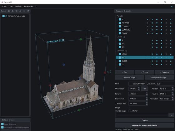 La fenêtre de Cyclope3D&nbsp;: l'église dans sa boîte de coupe, la vue
                      elevation_SUD posée dessus, et la liste des plans, coupes et
                      élévations à droite.