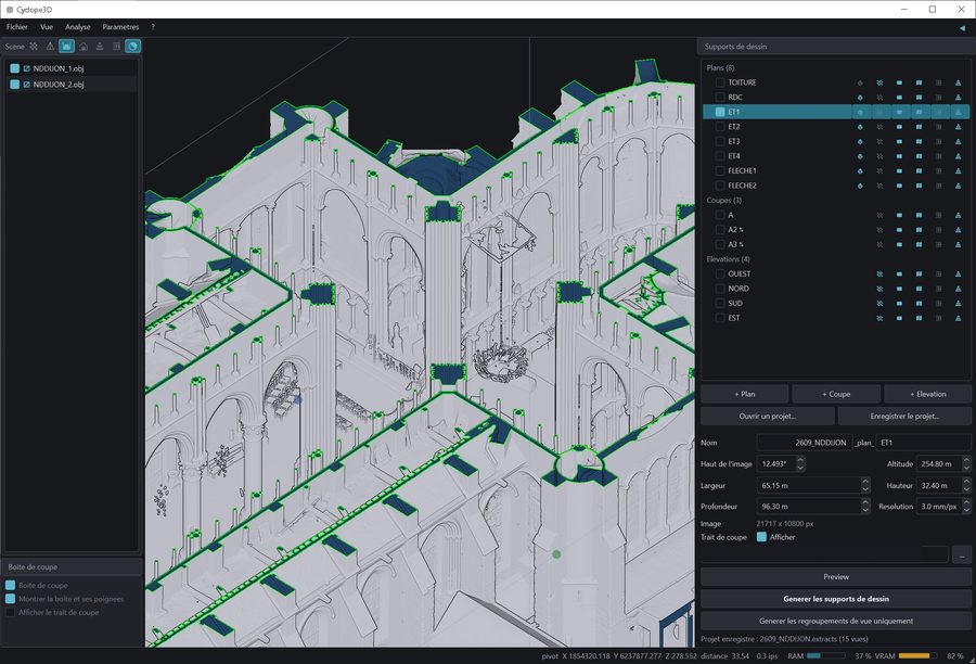 Le plan ET1 dans Cyclope3D&nbsp;: le trait de coupe en vert sur les murs
                       et les piles tranchés, et le panneau des 15 vues, réglé à
                       3&nbsp;mm/pixel pour une image de 21&nbsp;717 &times; 10&nbsp;800&nbsp;px.