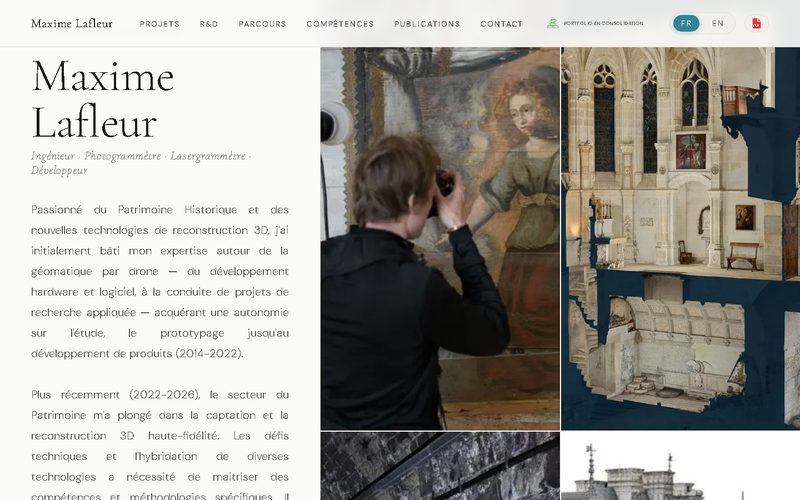 La page d'accueil du portfolio&nbsp;: le nom en grand, le parcours d'ingénieur, et une mosaïque de photos de chantiers et de modèles 3D de patrimoine.