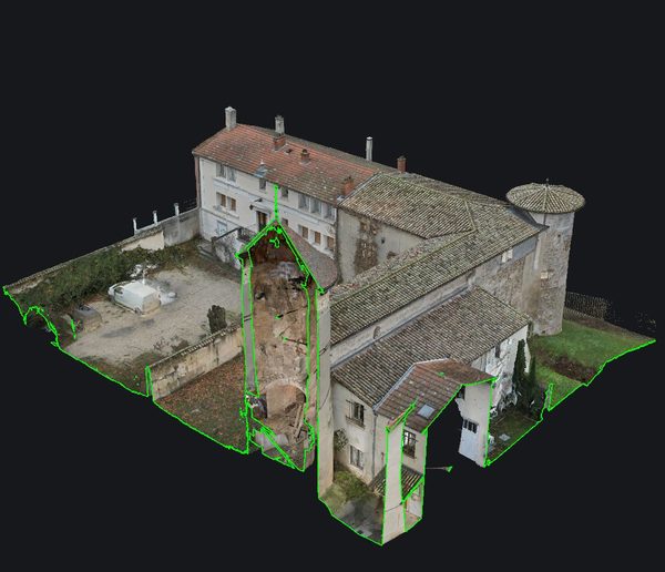 Le maillage de Vaux tranché par la boîte de coupe&nbsp;: les murs
                       coupés, et le contour de l'intersection tracé en vert.