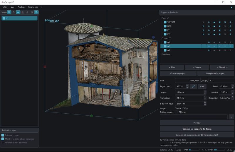 La coupe A2 dans Cyclope3D&nbsp;: le bâtiment tranché, ses planchers
                       et sa charpente à nu, et les réglages de la vue, dont la
                       résolution de 5&nbsp;mm/pixel.