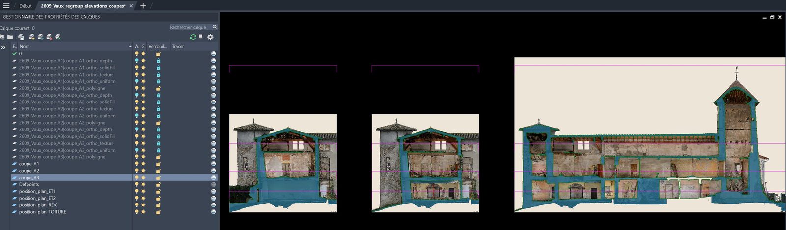 Le regroupement des élévations et des coupes ouvert dans
                       AutoCAD&nbsp;: les trois coupes côte à côte et leurs calques dans le
                       gestionnaire.