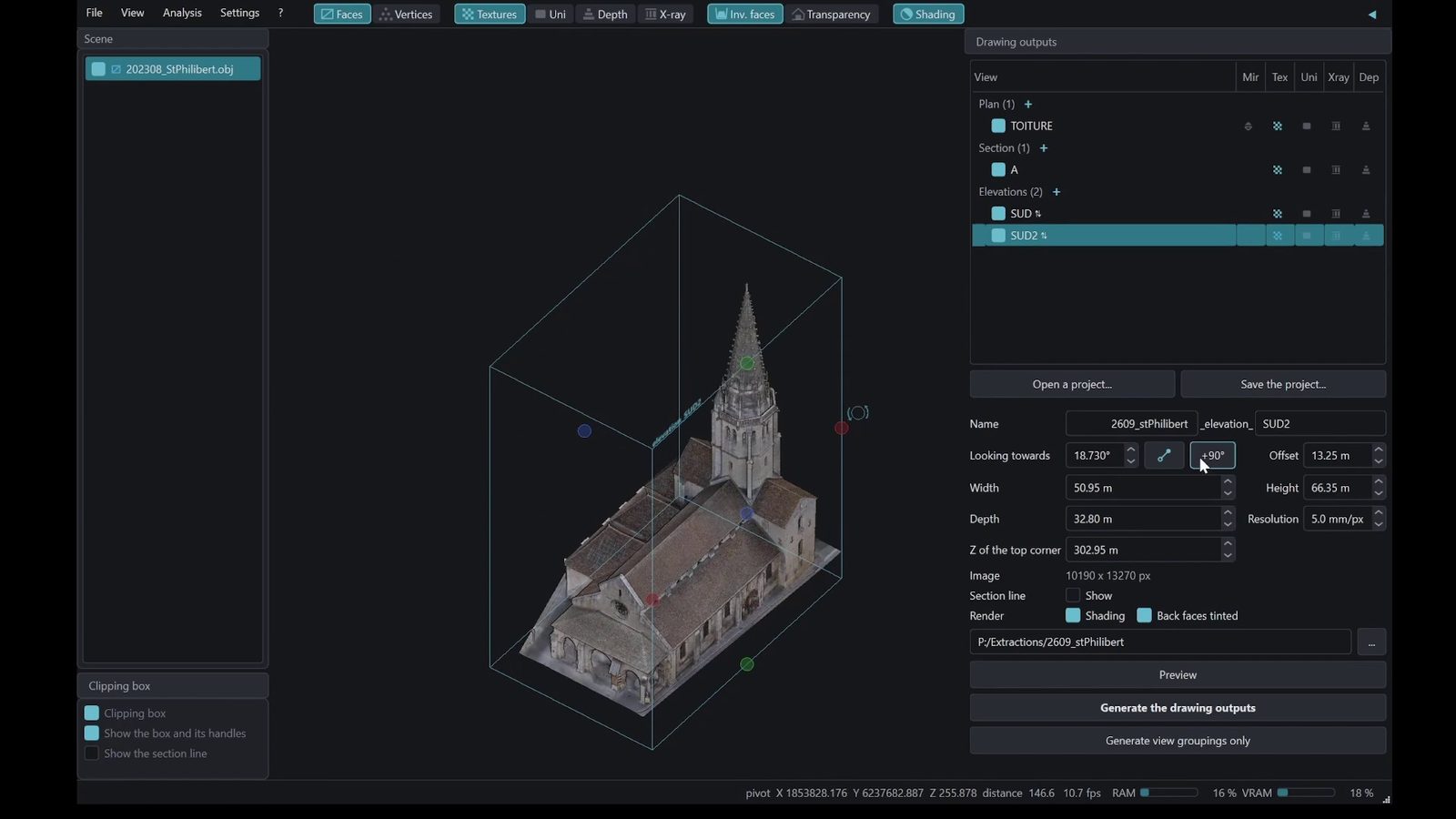 La fenêtre de Cyclope3D pendant l'enregistrement&nbsp;: le maillage texturé
               de Saint-Philibert dans sa boîte de coupe, et les réglages du plan de
               toiture dans le panneau de droite.
