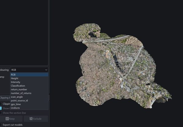 Le menu de coloration d'un nuage de points dans Cyclope3D&nbsp;: RGB, altitude, intensité, classification, numéro de retour, angle de scan, temps GPS, et les autres champs du fichier.