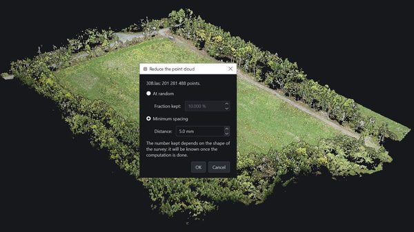 La fenêtre de réduction d'un nuage de 201 millions de points dans Cyclope3D&nbsp;: tirage aléatoire ou espacement minimum, ici 5&nbsp;mm.