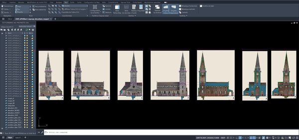 Le regroupement des élévations et des coupes ouvert dans AutoCAD&nbsp;: les sept vues de l'église côte à côte, leurs calques dans le gestionnaire, et la hauteur de chaque plan tracée en magenta sur toutes les vues.
