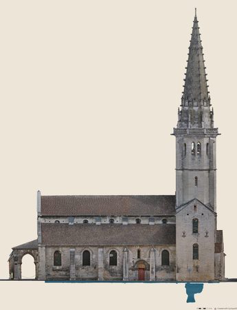 L'élévation sud de Saint-Philibert avec le calque des zones pleines posé dessus, en bleu transparent, au pied de l'église.
