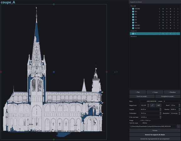 La coupe A de Notre-Dame de Dijon dans Cyclope3D&nbsp;: à droite, l'orientation de la vue et le bouton qui la prend sur deux points cliqués.