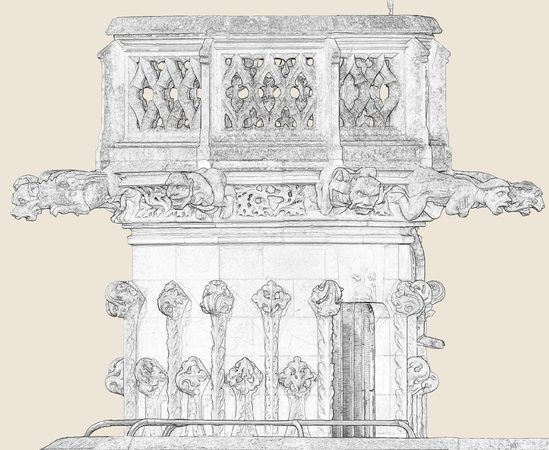 Une ortho-image de contours&nbsp;: une tribune gothique, ses remplages, ses gargouilles et ses feuillages rendus en traits noirs, prêts à être repris au dessin.