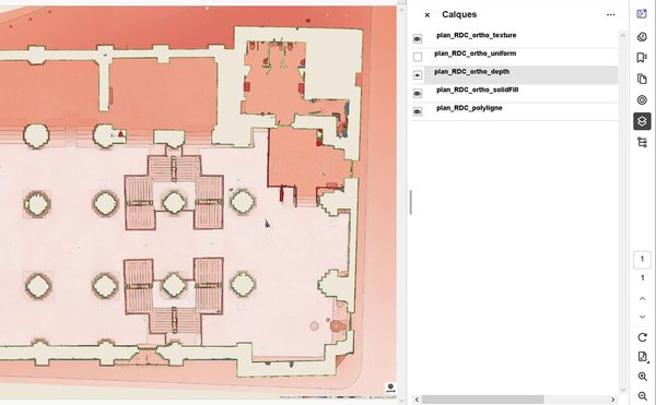 Le PDF du plan du rez-de-chaussée ouvert dans un lecteur&nbsp;: le panneau des calques liste la texture, la profondeur, les zones pleines et la polyligne, à afficher ou masquer un par un.