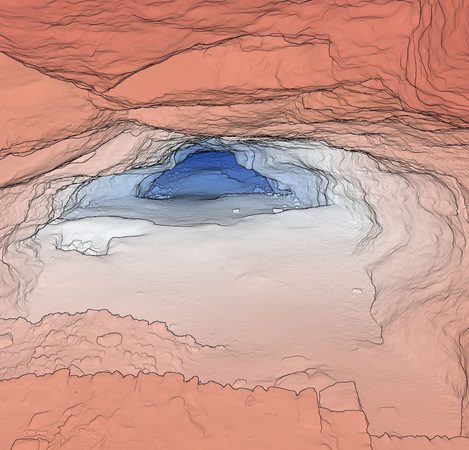 Une cavité en maillage, colorée selon la profondeur par rapport à la vue&nbsp;: du rouge au premier plan au bleu au fond.