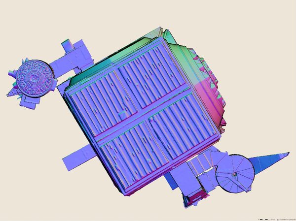 Une ortho-image livrée en représentation des normales&nbsp;: une toiture vue de dessus, chaque orientation de surface avec sa teinte.
