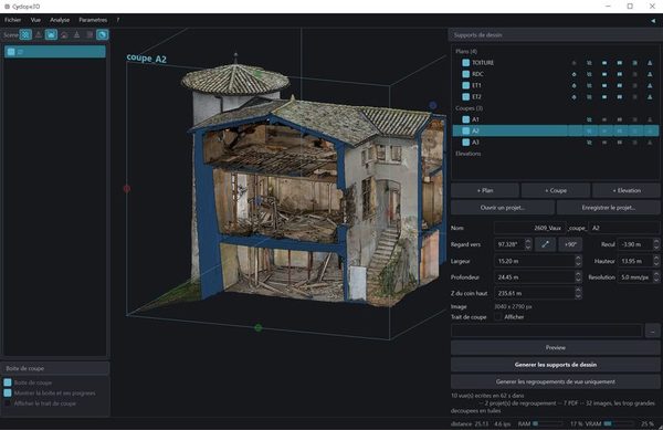 La coupe A2 dans Cyclope3D&nbsp;: le bâtiment tranché, ses planchers et sa charpente à nu, et les réglages de la vue, dont la résolution de 5&nbsp;mm/pixel.